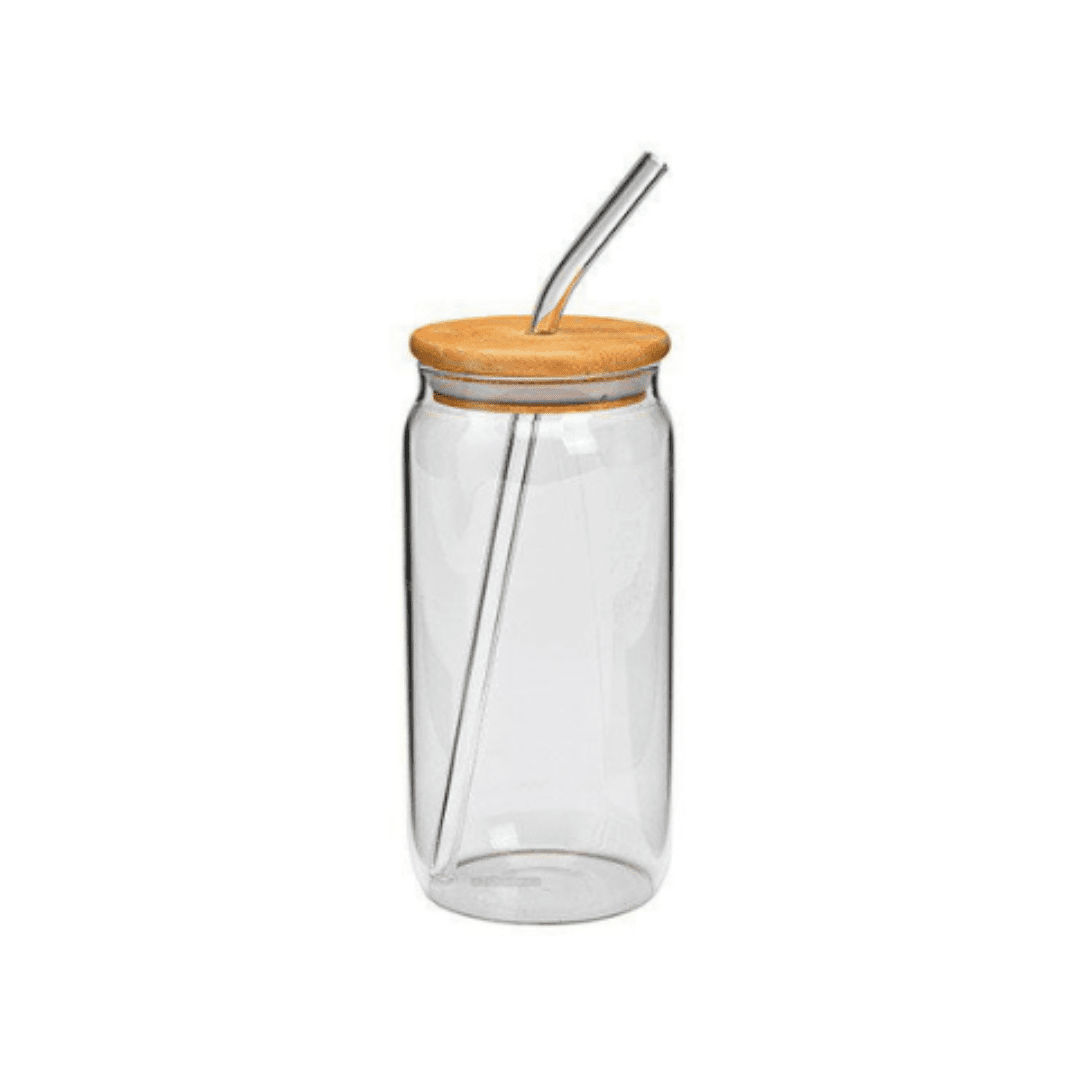 Glas með bambus loki og gler röri – 16cm
