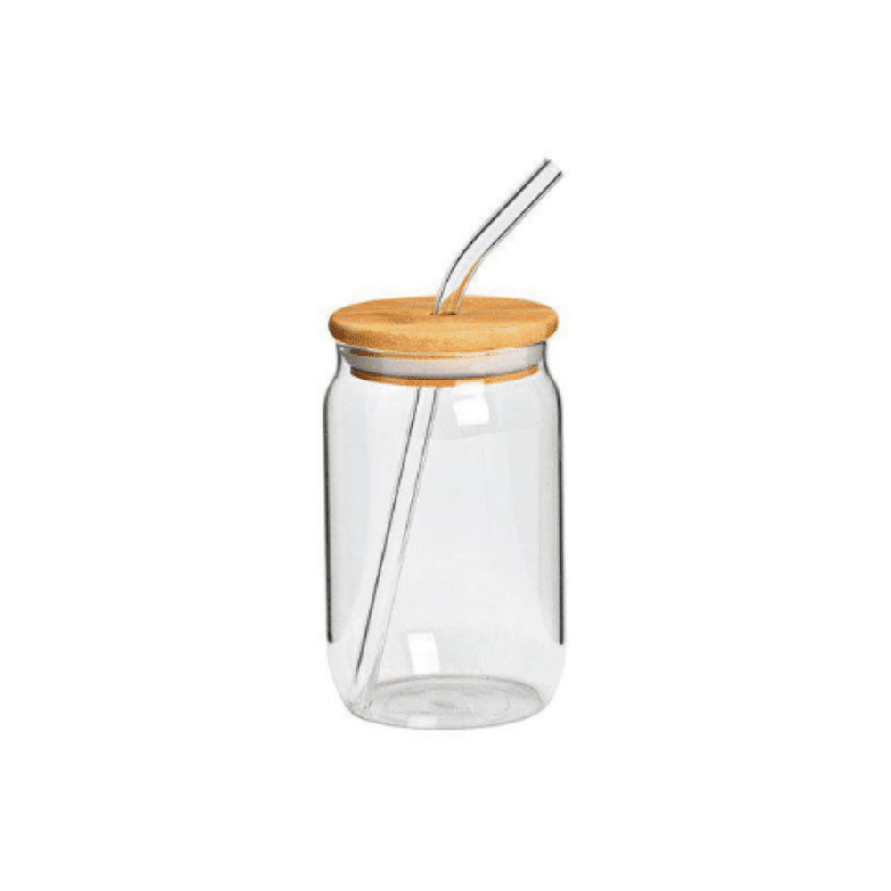 Glas með bambus loki og glerröri – 12cm