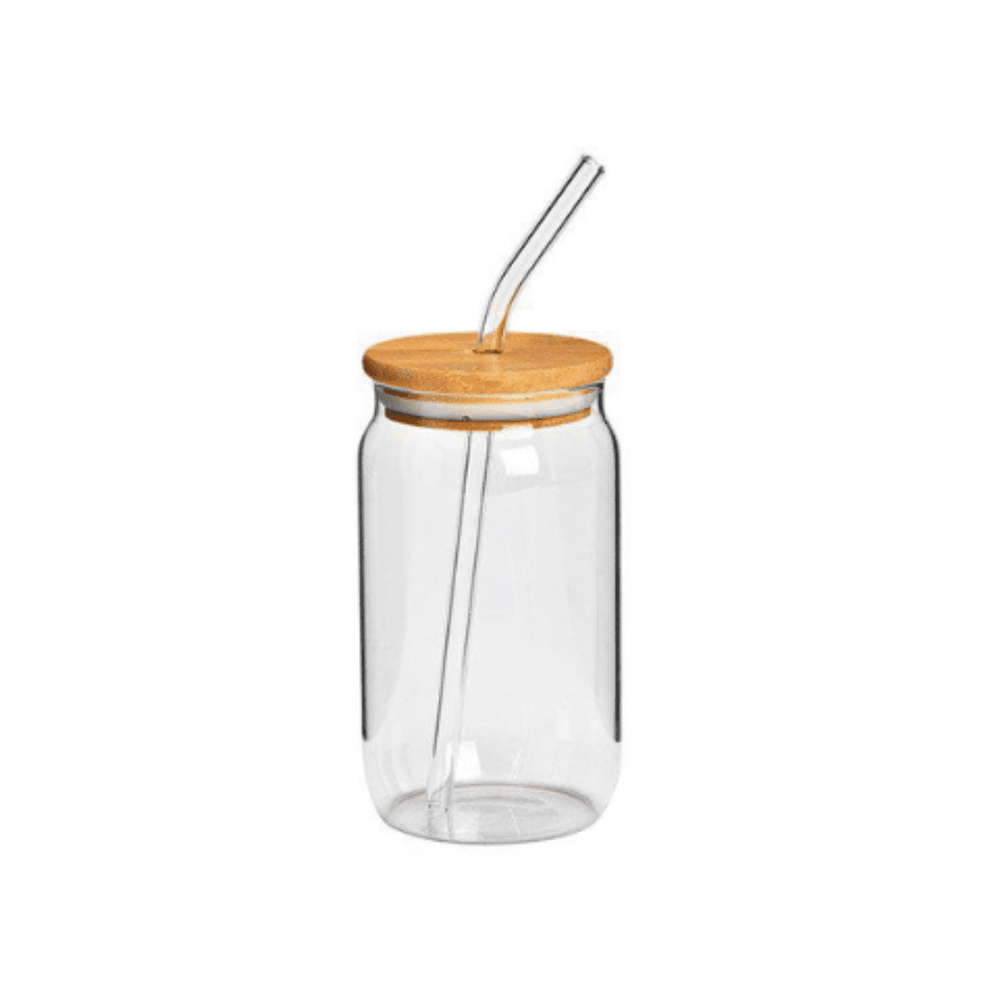 Glas með bambus loki og glerröri – 13cm